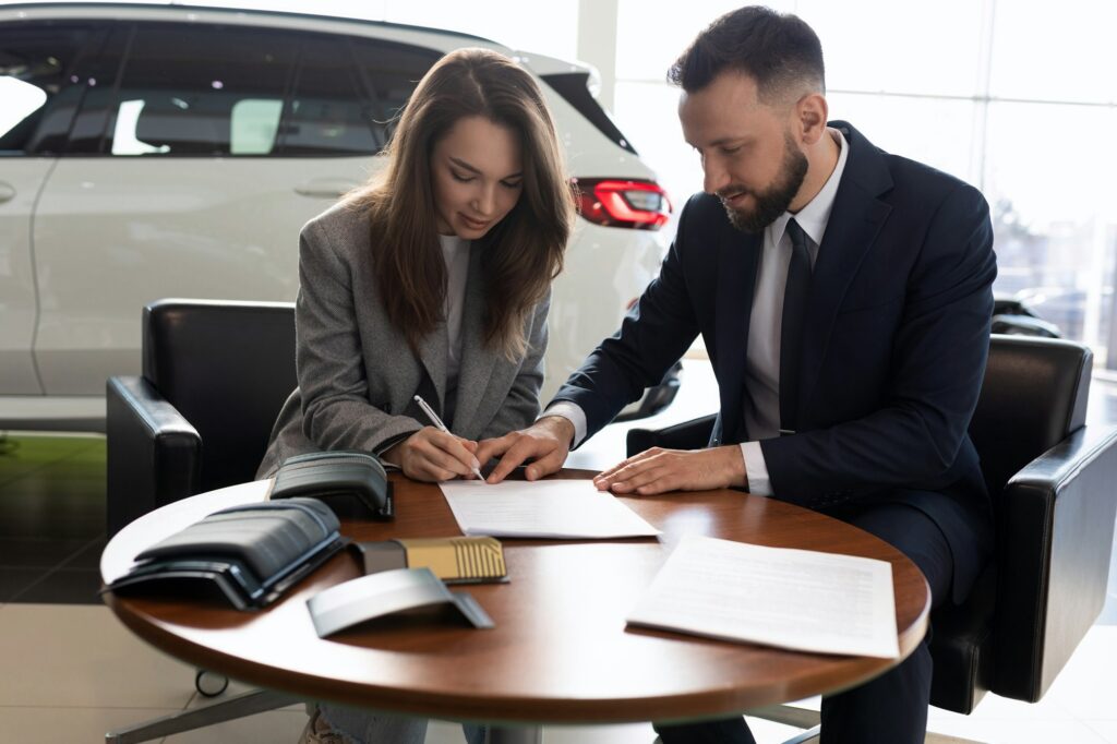young woman and car sales manager sign a contract